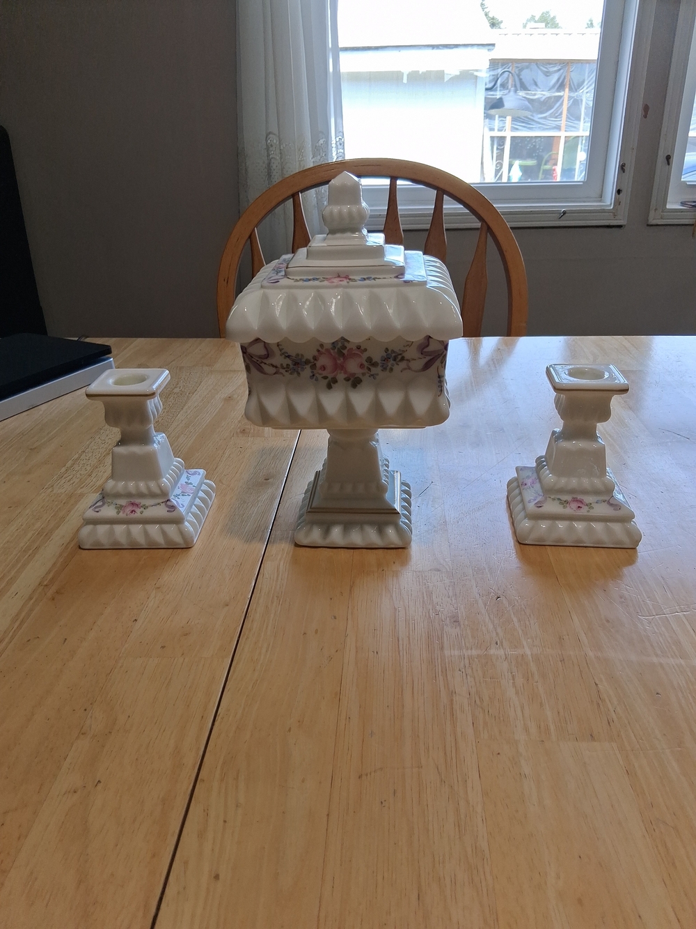 Westmoreland Milk Glass Bridal Bowl with Matching Candlesticks - White